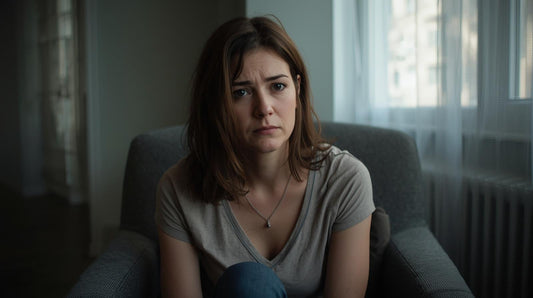 Woman sitting alone, composed but exhausted from holding everything together.