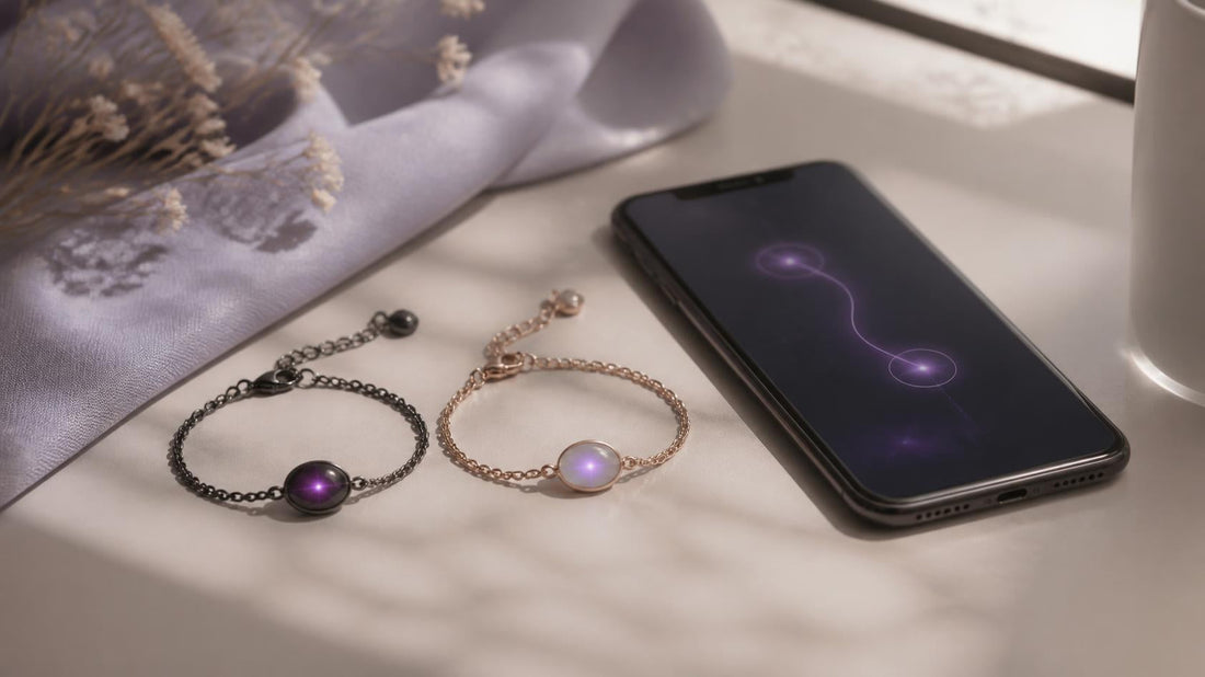 Photorealistic editorial review image of two Totwoo long-distance touch bracelets beside a smartphone on a soft neutral surface.