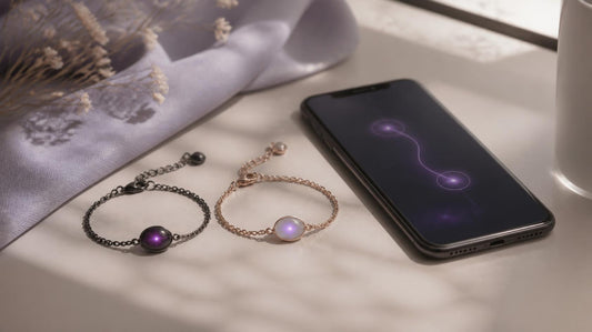 Photorealistic editorial review image of two Totwoo long-distance touch bracelets beside a smartphone on a soft neutral surface.