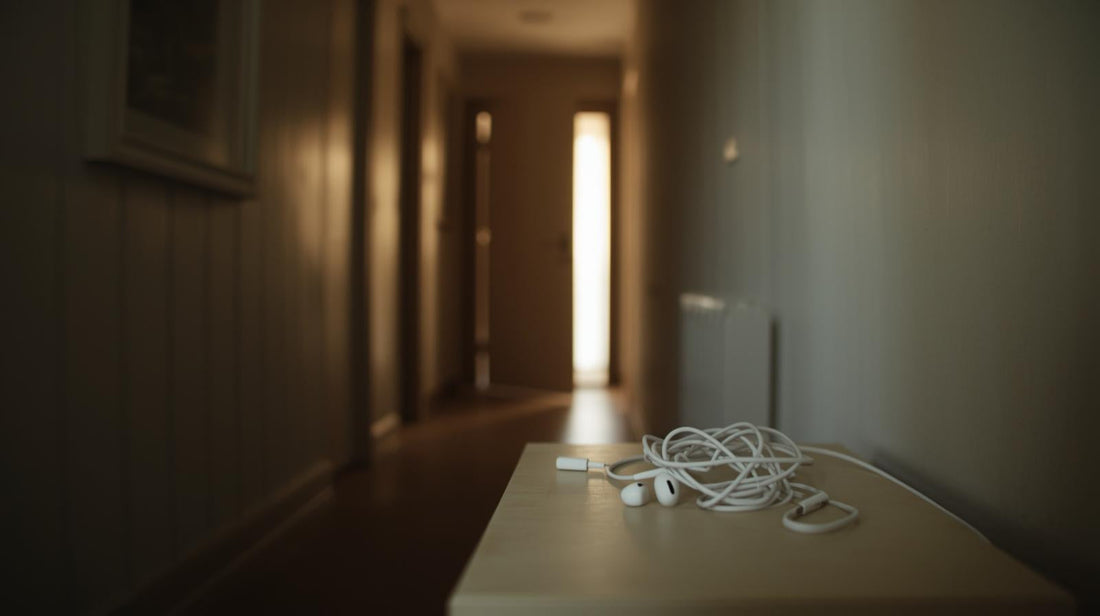 Dim hallway with warm light spilling from a partially open door and tangled earbuds on a table, symbolizing emotional entanglement and trauma bonding