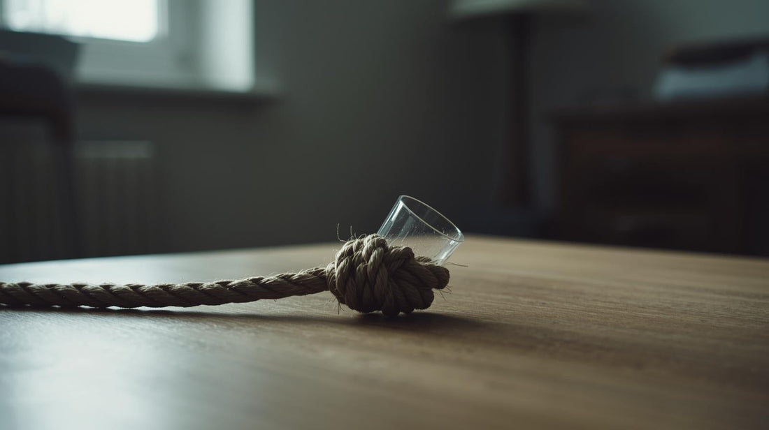 Knotted rope on a table representing emotional entanglement, repeated attachment and the difficult cycle of a trauma bond.
