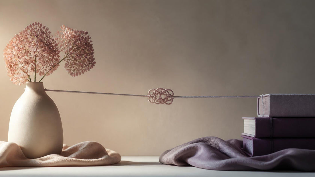 Delicate ribbon tying two separate objects together with a knot at the center, symbolizing trauma bonding in a muted editorial composition