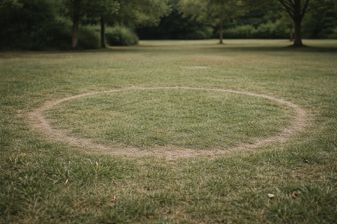Faint circular path worn into grass in a quiet park under soft overcast light, symbolizing a trauma repetition cycle and unconscious relationship patterns