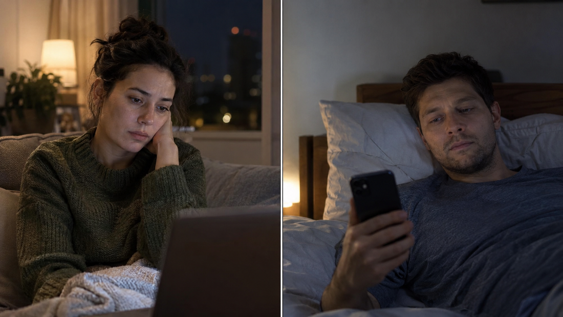 Long-distance couple in separate rooms looking uncertain during a video call, with one partner checking a phone, representing trust issues and suspicion in a long-distance relationship.