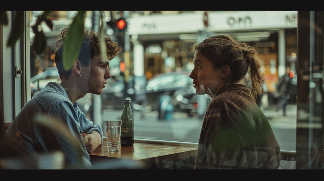 two people pausing in recognition after unexpectedly seeing each other in public