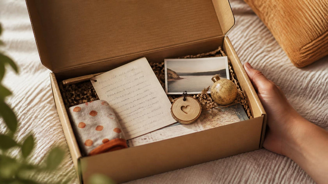 Unique long distance relationship gifts arranged in an open care package with a note, photo, small keepsake, and comforting treats.