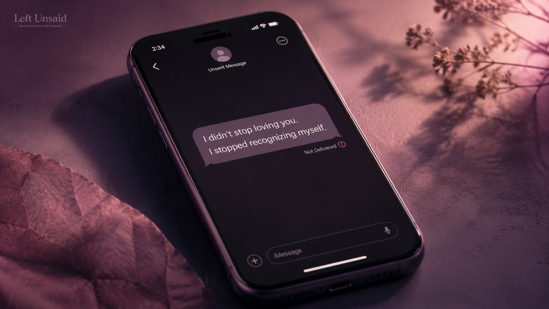 A phone showing an unsent breakup message that says, “I didn’t stop loving you. I stopped recognizing myself,” with a quiet Not Delivered status in soft purple-pink lighting.