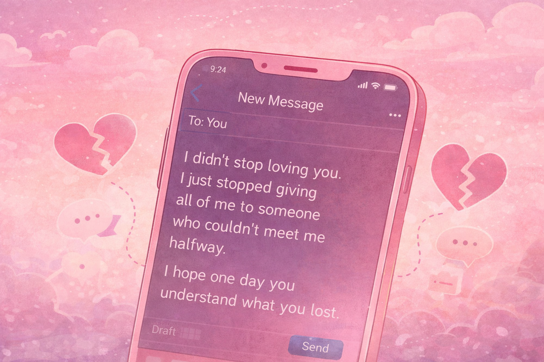 Pink illustrated smartphone showing an unsent breakup message with broken heart icons symbolizing emotional breakup texts never sent