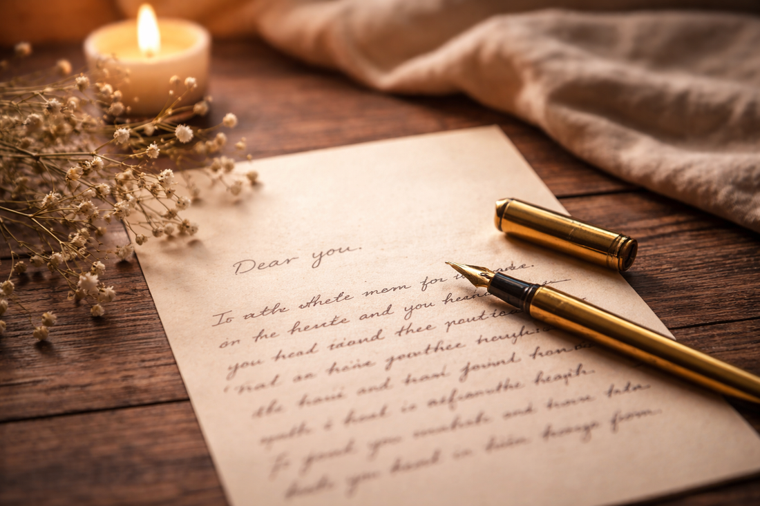 Unsent handwritten letter on a wooden table with a fountain pen and candle, creating a quiet, reflective mood.