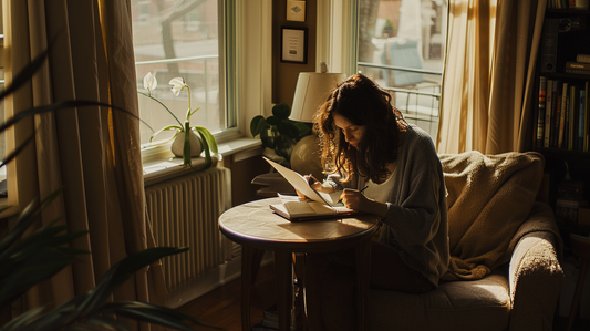 person writing a letter in a notebook at a quiet kitchen table in the morning