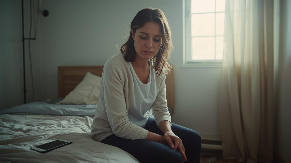 Woman sitting on the edge of her bed in soft morning light, phone beside her, quietly stuck waiting for her ex to return