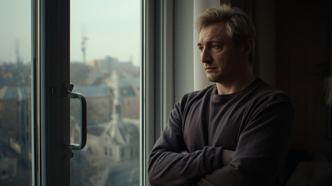 Man looking out the window wondering if he caused the breakup