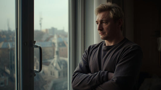 Man looking out the window wondering if he caused the breakup