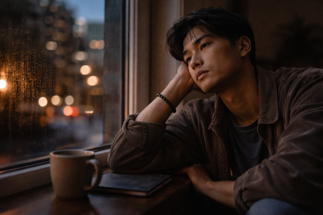 A young South Asian man sitting by a rain-streaked window at dusk, resting his head on his hand and looking out at blurred city lights