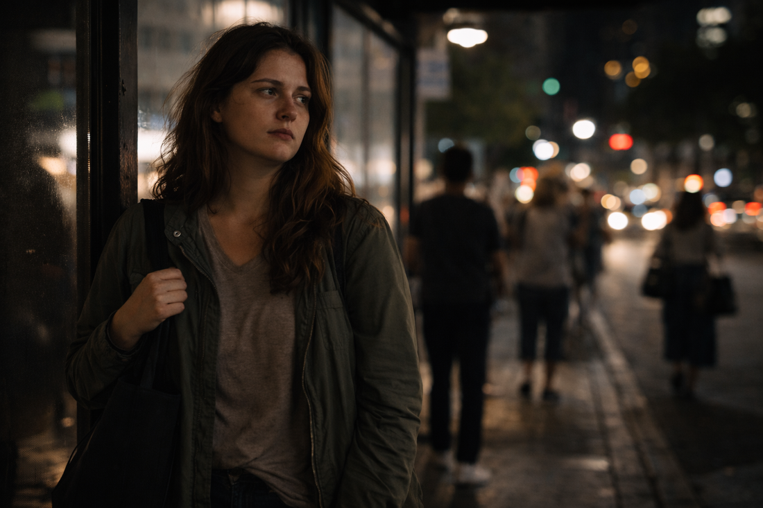 Woman standing alone on a city street at night while carrying the private weight of a past relationship