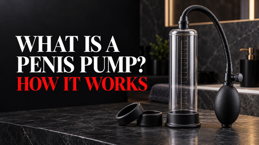 Clear penis pump with hand bulb and constriction rings beside the text “What Is a Penis Pump? How It Works.”