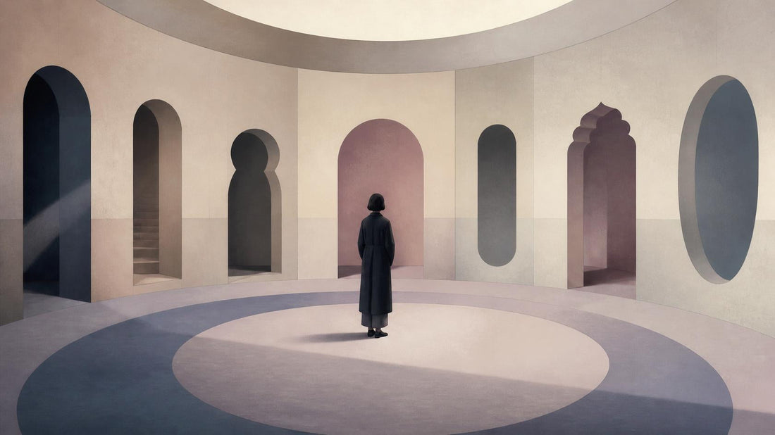Editorial illustration of a lone figure inside a looping room with repeated doorways, symbolizing a trauma repetition cycle.