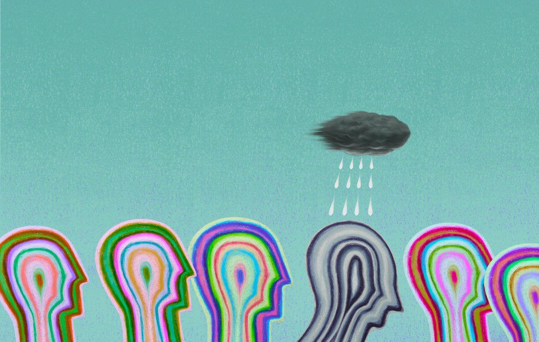 A stylized illustration of multiple rainbow-striped human head silhouettes along the bottom, with one gray head in the center facing right toward a dark cloud raining white drops in a teal sky symbolizing self abandonment.