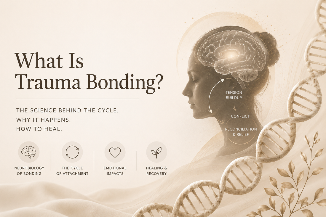 Trauma bonding illustration showing brain, attachment cycle, and healing concepts in warm beige tones.