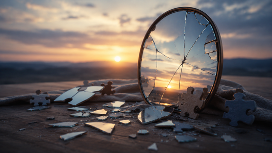 Broken mirror surrounded by scattered puzzle pieces at sunset, symbolizing lost identity, self-discovery, healing, and reconnecting with forgotten parts of yourself after a breakup.
