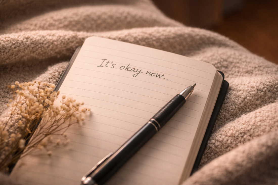 An open notebook resting on a soft blanket with a pen placed across the page in warm, natural light