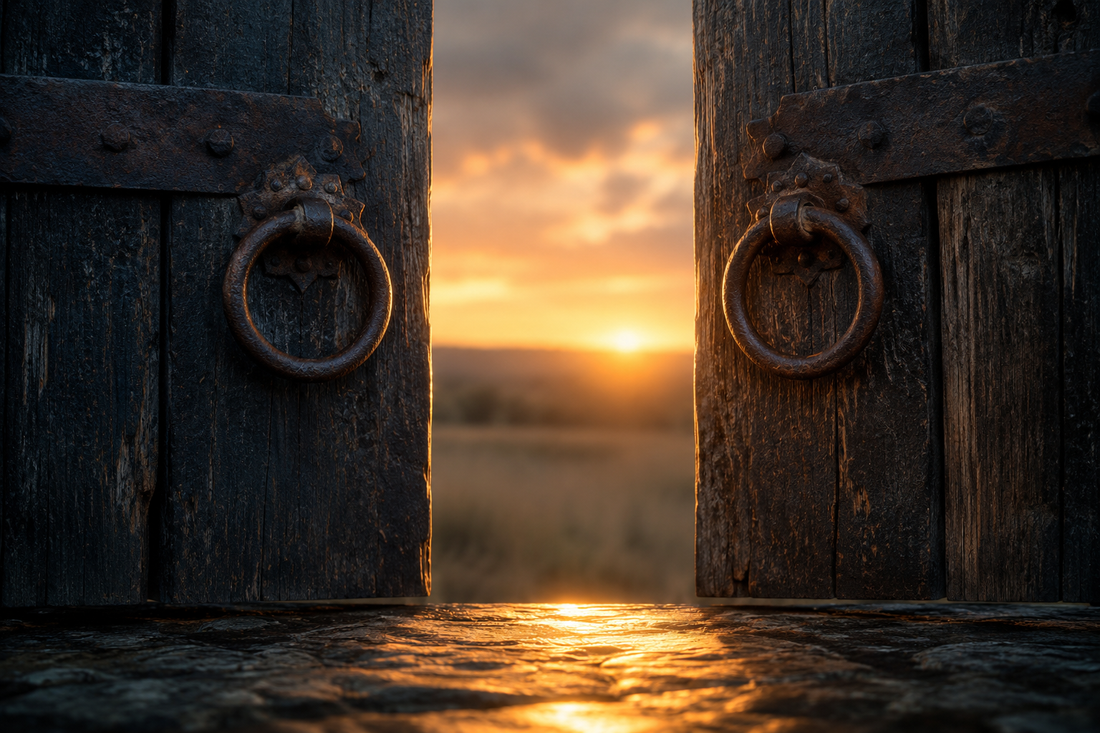 Partially opened weathered wooden gates at sunset, revealing a narrow gap of golden light beyond, symbolizing the temptation to reopen a closed chapter in search of closure after a breakup.