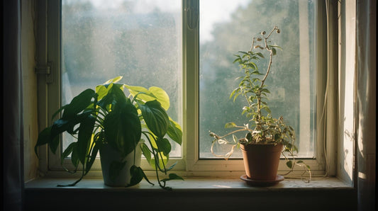 Two houseplants on windowsill, one thriving and one wilting