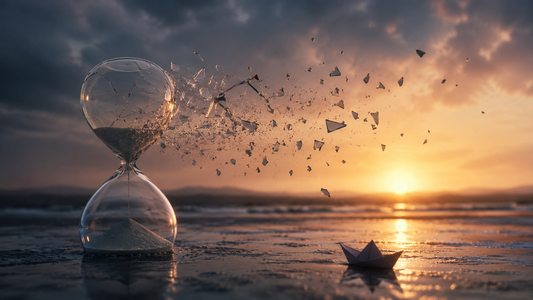 Broken hourglass scattering glass fragments into the wind at sunset, symbolizing the collapse of an imagined future, lost possibilities, and life after heartbreak.