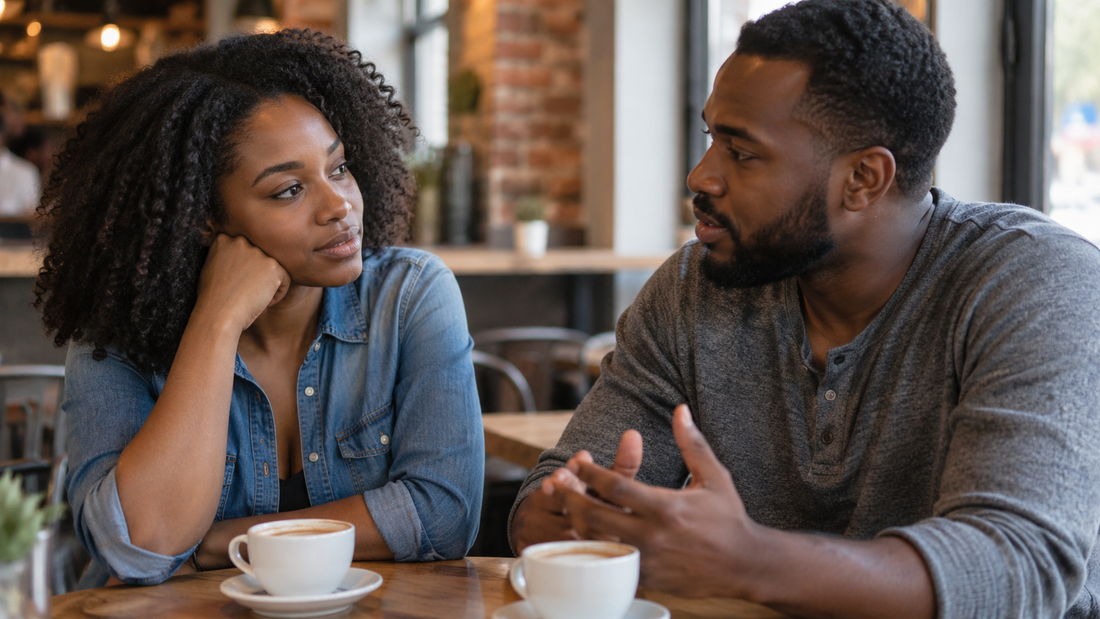 African American couple having a serious conversation over coffee, representing discussing divorce history honestly while dating someone new.