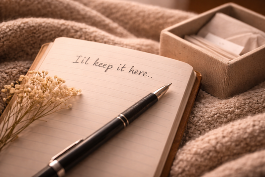 An open journal on a soft blanket with a pen resting on the page and a small box of folded notes nearby