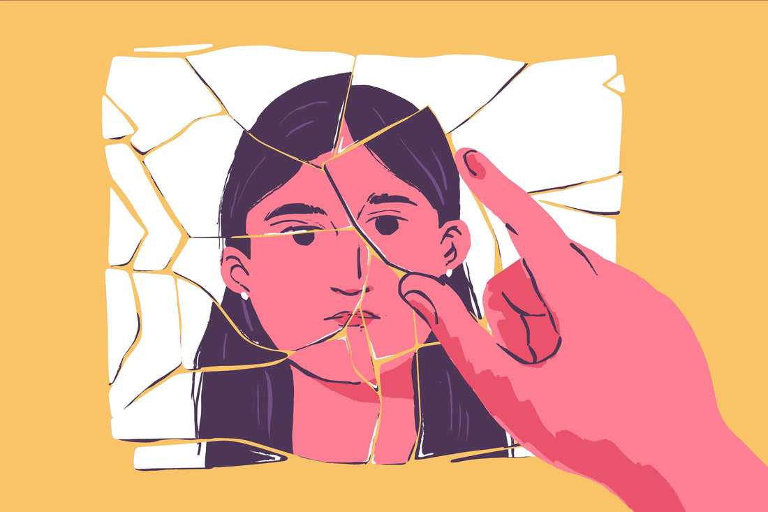 Illustration of a woman piecing together a fractured reflection, representing identity loss and rediscovering yourself beyond a caretaking role
