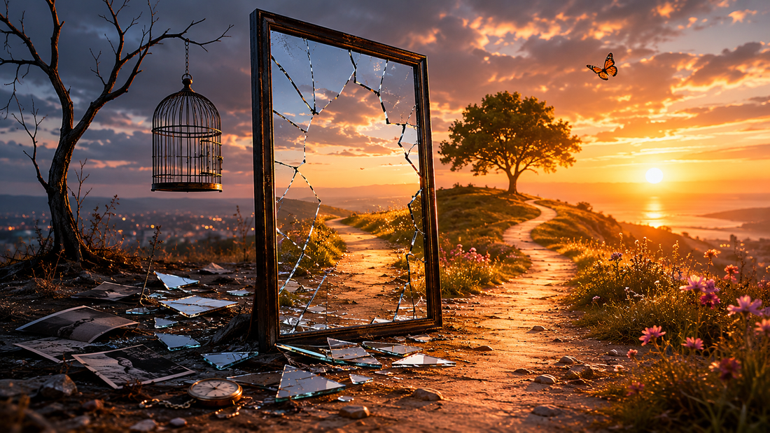 Cracked mirror reflecting a glowing path across still water at sunset, symbolizing identity after breakup, self-discovery, healing, and rebuilding life after a relationship ends.