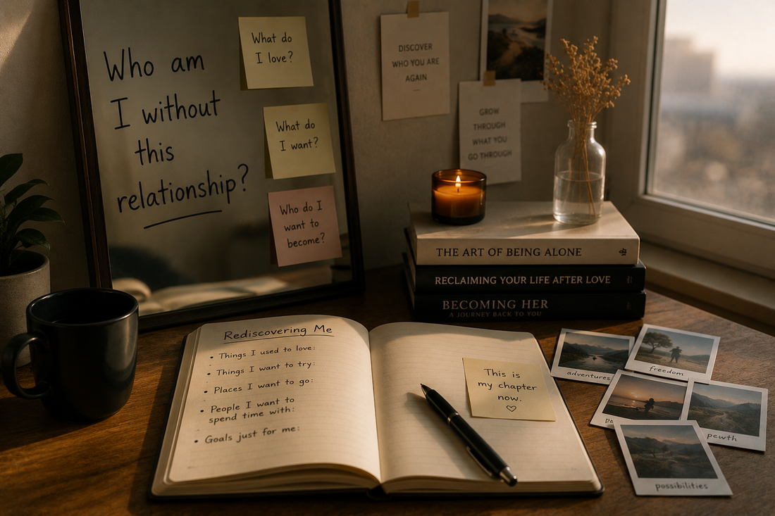 The image represents rebuilding identity after a breakup, rediscovering personal values, independence, self-concept, and life beyond a romantic relationship.