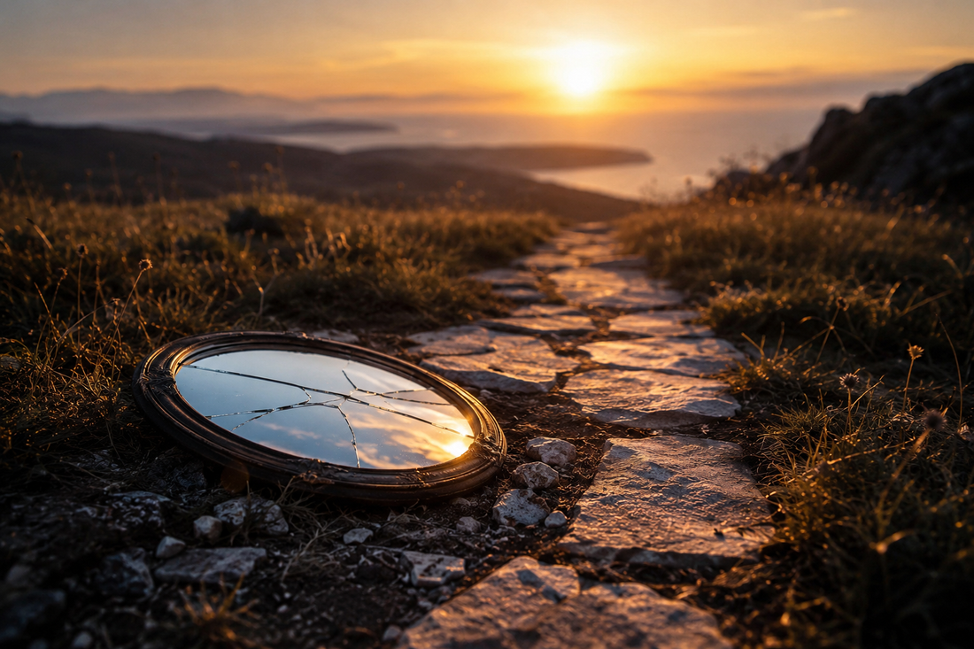 Broken mirror resting beside a winding stone path at sunset, symbolizing identity loss, self-discovery, personal growth, and rebuilding life after a relationship ends.