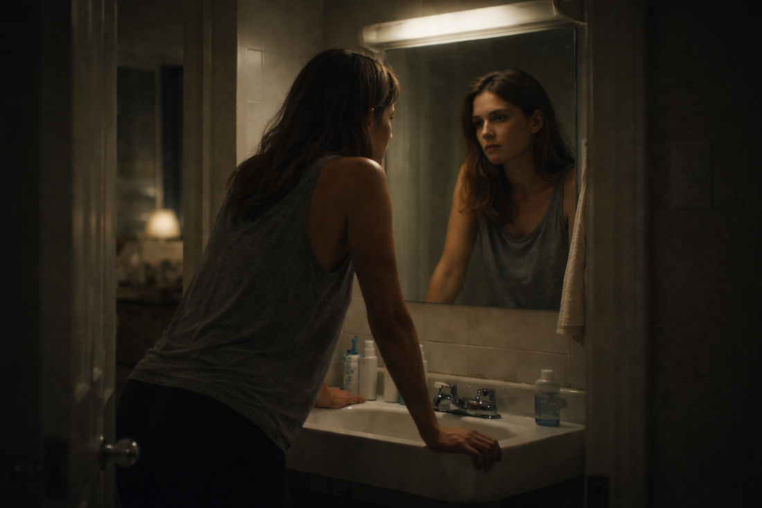 Woman standing at a bathroom sink at night, looking at her reflection in quiet contemplation before speaking difficult truths.