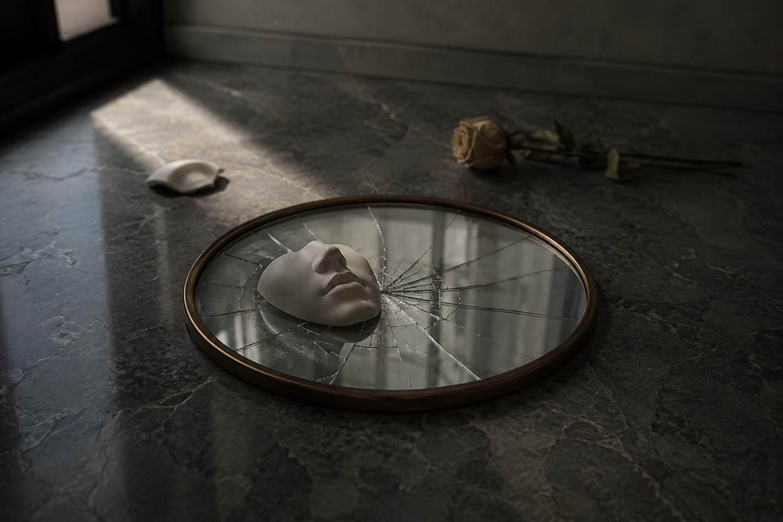 Fractured mask resting on a shattered mirror, symbolizing self-doubt, emotional invalidation, and loss of identity in an unhealthy marriage.