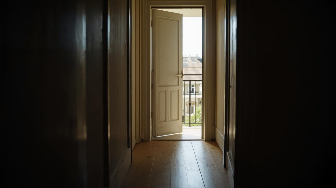 Apartment door slightly open with daylight entering from outside