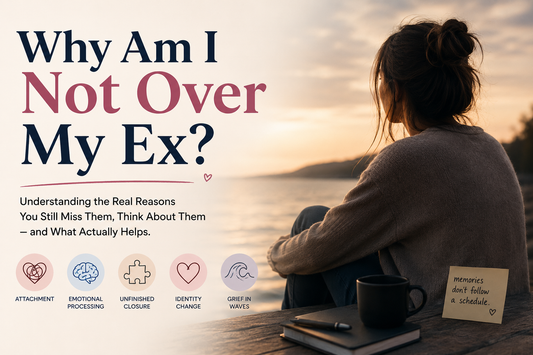 Woman sitting alone by a lake at sunset reflecting on a past relationship, with the title "Why Am I Not Over My Ex?" and visual themes of attachment, grief, emotional processing, unfinished closure, and healing after a breakup.