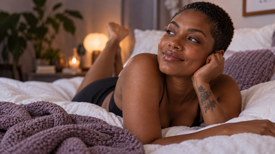 Woman relaxing alone in bed after a breakup, representing increased sexual desire, physical longing and rediscovering solo intimacy.