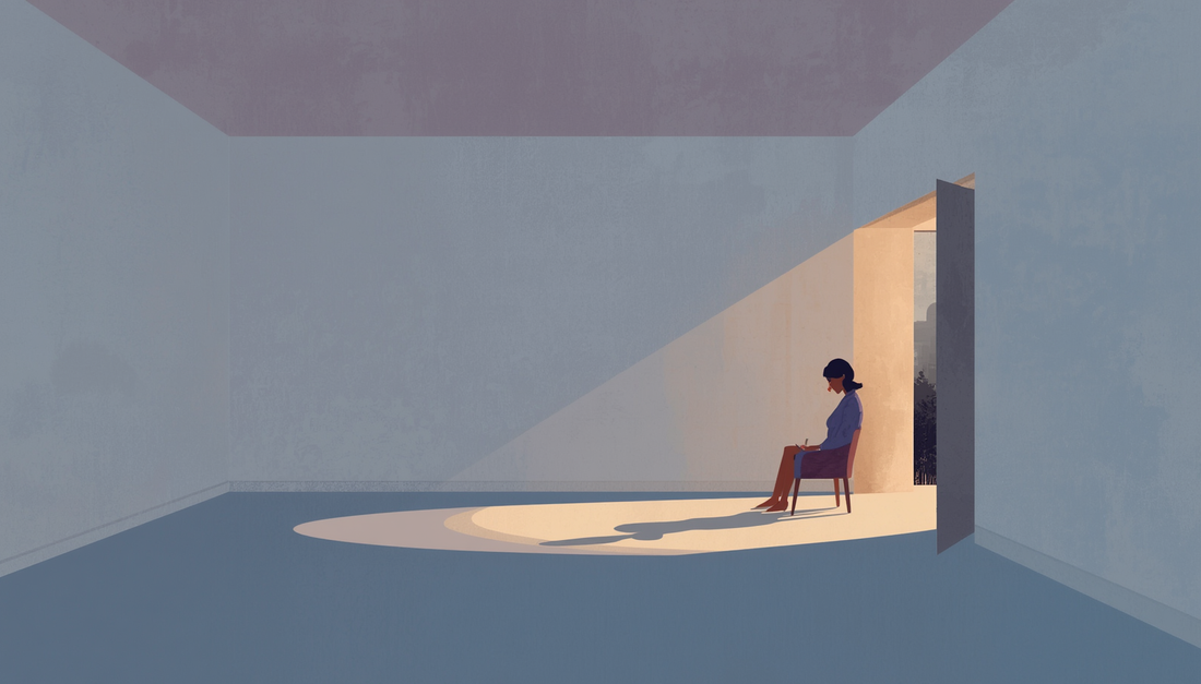 Editorial illustration of a lone reflective figure in a quiet room, symbolizing why being alone feels unsafe after a breakup.