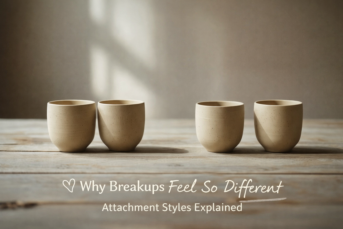 Minimal editorial image of four ceramic cups on a wooden table in soft natural light representing different emotional responses to breakups and attachment styles