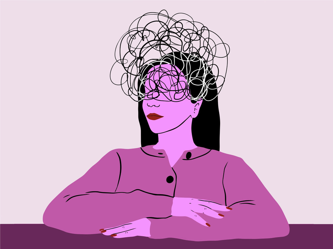 Illustration of a faceless figure in muted tones surrounded by floating masks showing different emotions—sadness, distress, and calm—representing emotional numbness and disconnection after a breakup