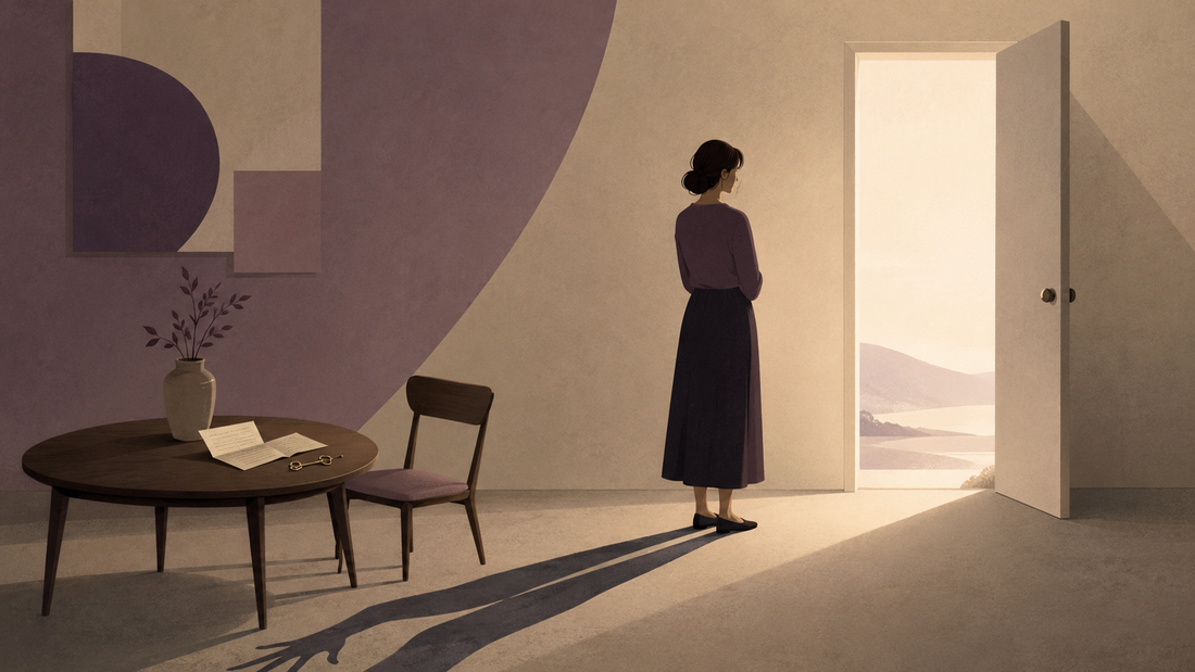Flat editorial illustration of a solitary woman in a quiet interior beside an open door and a small table, symbolizing the unresolved emotions that can remain even after getting closure.