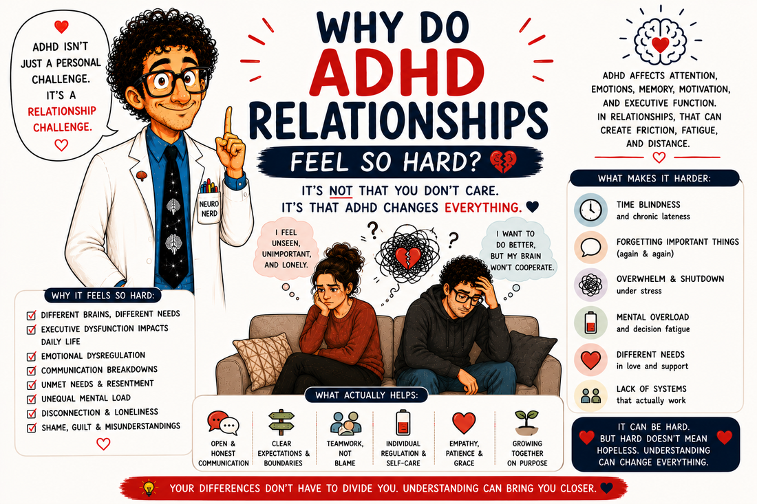 Why do ADHD relationships feel so hard, showing executive dysfunction, emotional dysregulation, communication problems, mental load, relationship stress, and ADHD relationship challenges.