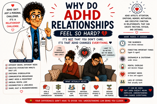 Why do ADHD relationships feel so hard, showing executive dysfunction, emotional dysregulation, communication problems, mental load, relationship stress, and ADHD relationship challenges.
