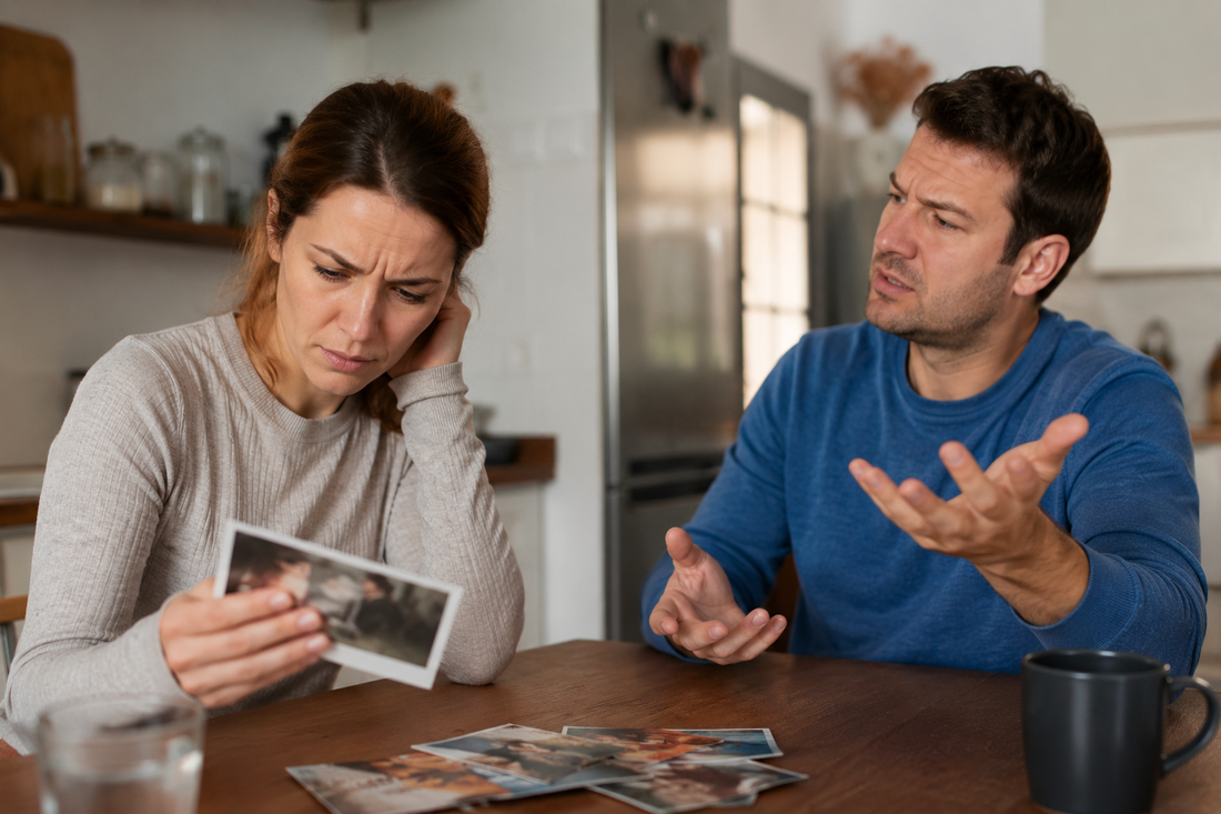 Woman looking confused while reviewing old photos at a kitchen table as a man confidently explains his version of events, illustrating how covert narcissists rewrite history and create self-doubt in relationships.