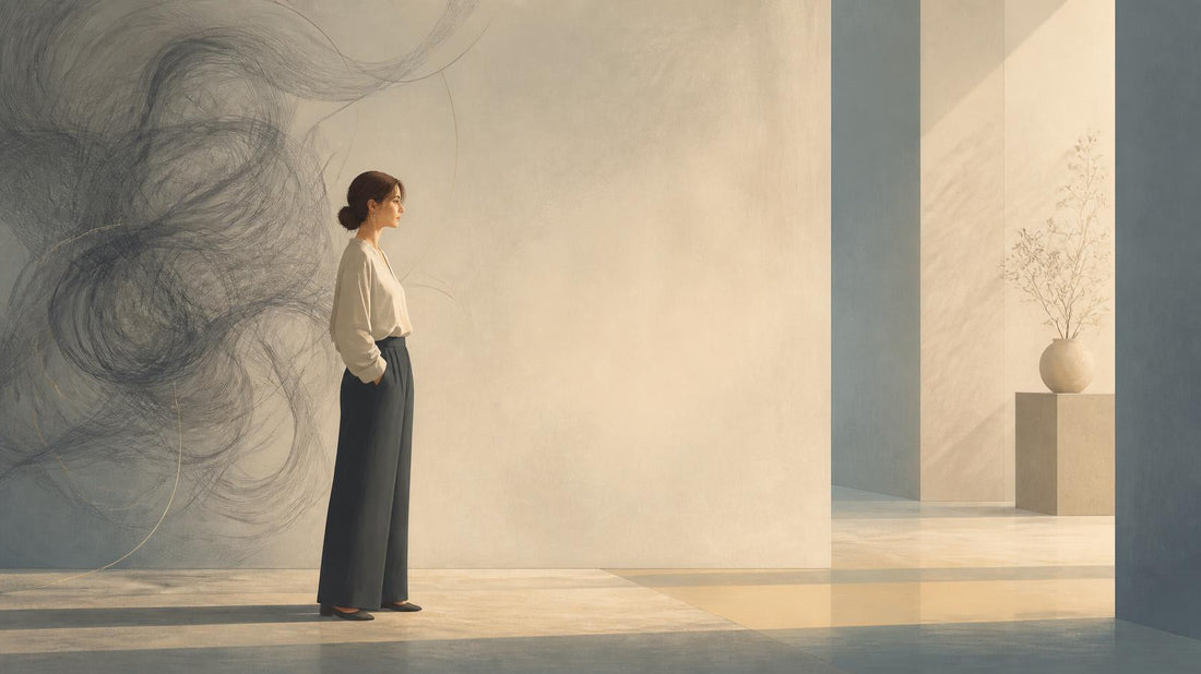 Editorial illustration of a lone figure facing a calm open space while a faint looping shadow behind them symbolizes old relationship intensity.