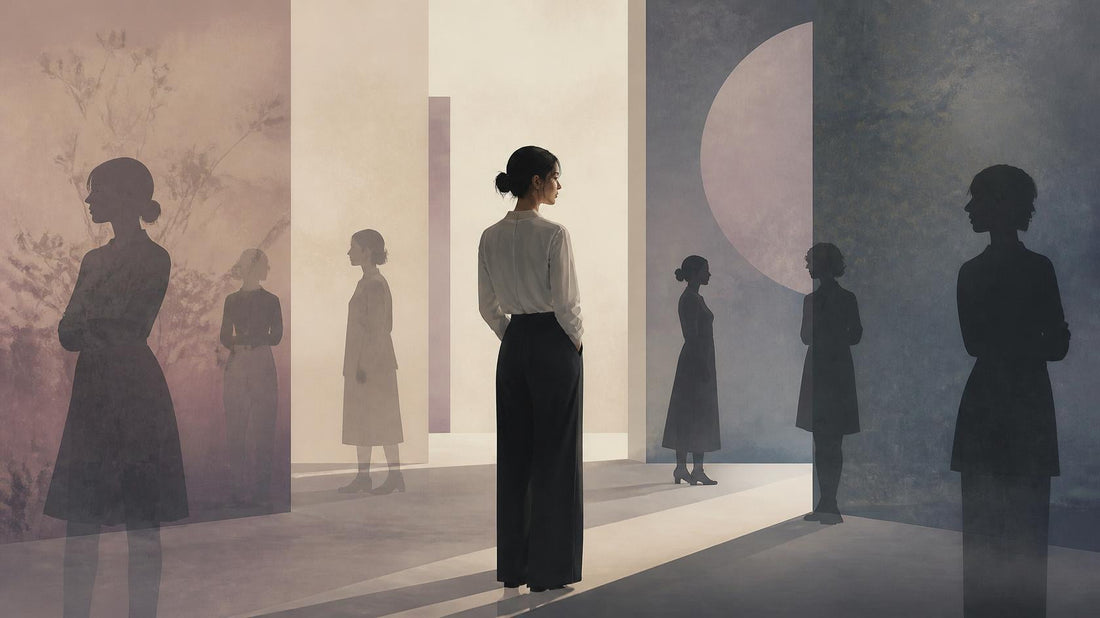 Editorial illustration of a lone figure surrounded by similar shadow-like figures, symbolizing attracting the same type of person.