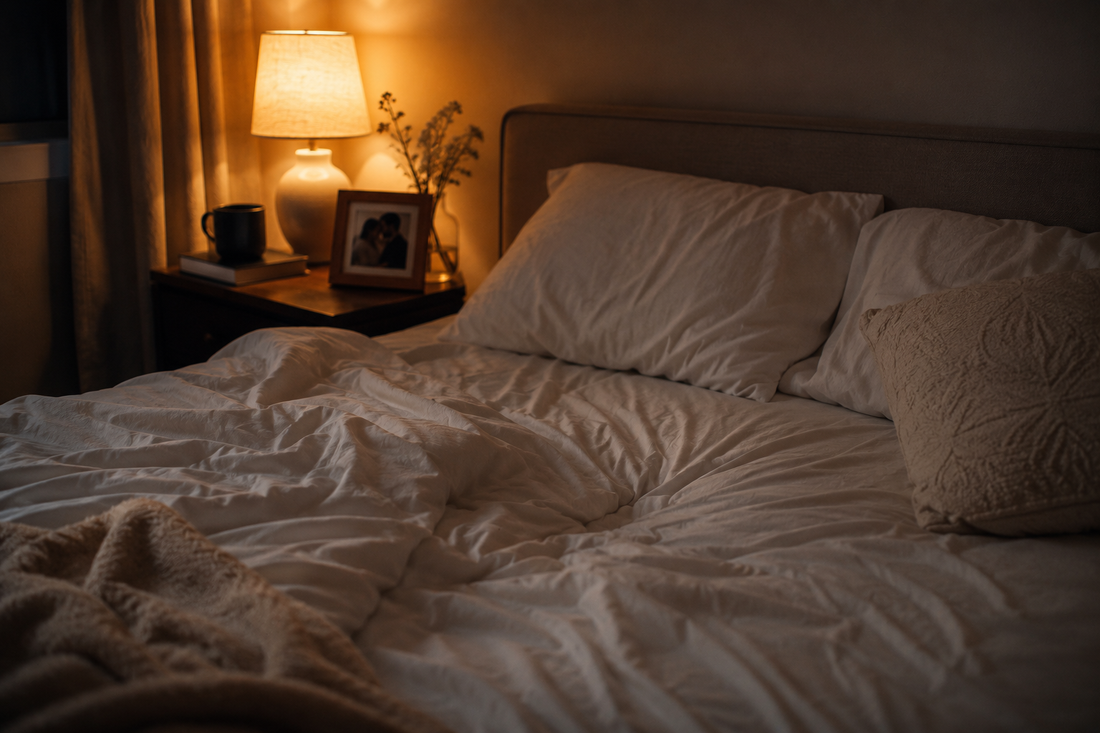Warmly lit bedroom with an unmade bed, empty space on one side of the mattress, and a softly glowing bedside lamp, symbolizing the absence, longing, and physical intimacy many people miss after a breakup.