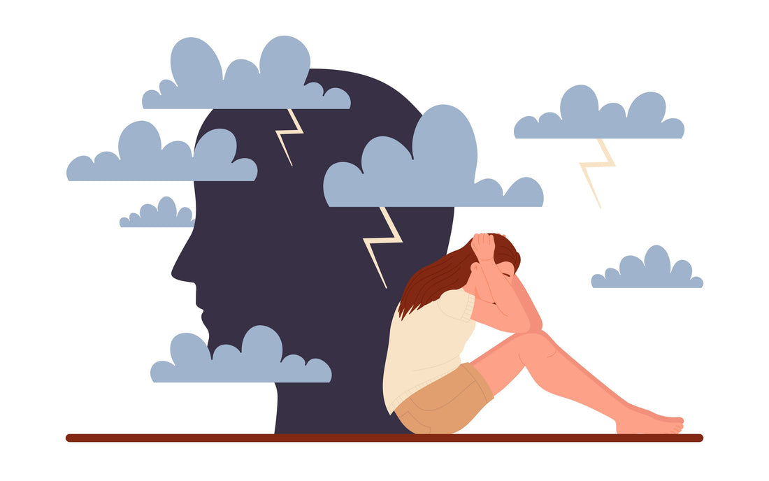 Illustration of a woman overwhelmed by anxiety and intrusive thoughts after a breakup, with storm clouds and lightning symbolizing emotional distress.